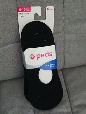 Peds Mid Sport Liner 6 pairs Black Shoe Size 5-10